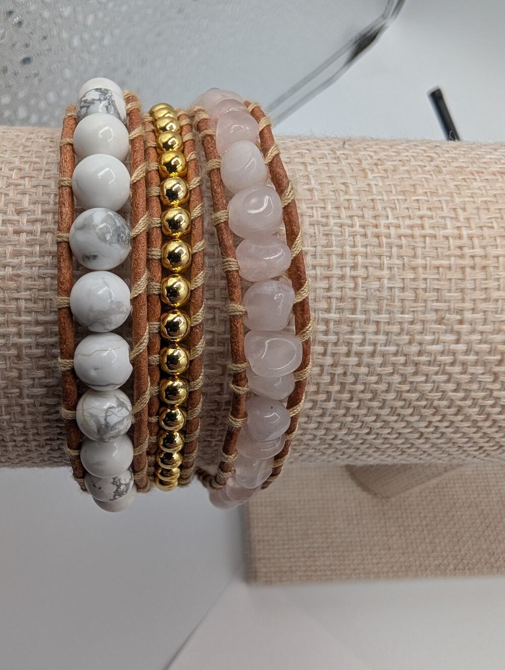 Victoria Emerson Howlite Rose Quartz Gold Bead Triple Wrap Bracelet